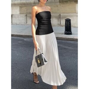 Commense Pleated Maxi Dress Strapless Color Block Party Cocktail Women‎